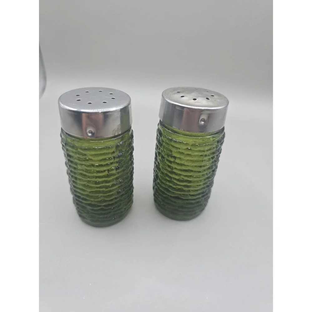 Vintage Green Glass Salt And Pepper Shakers Pre Owned